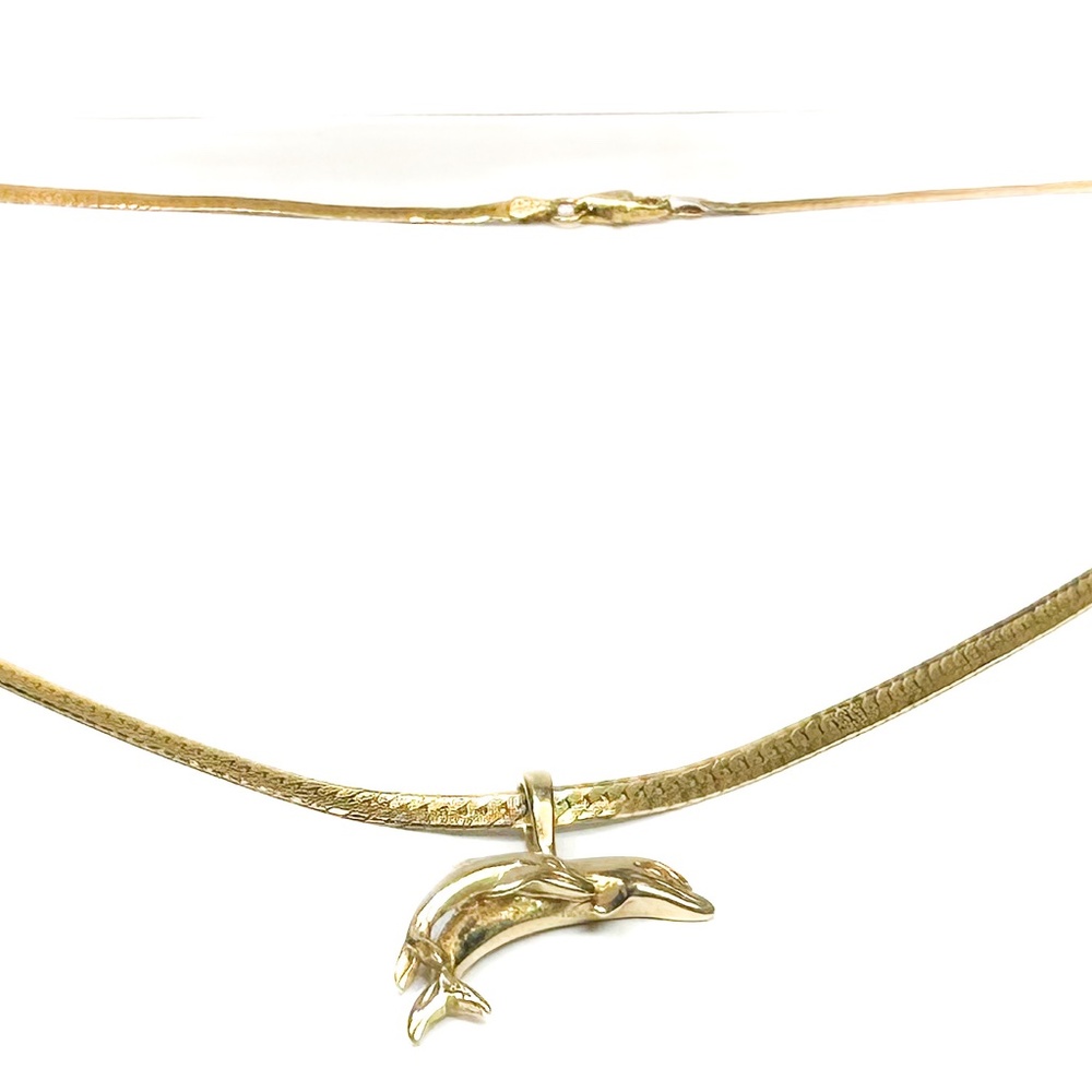 14K Solid Yellow Gold Two Dolphin Pendant on 18" Herringbone Necklace Italy